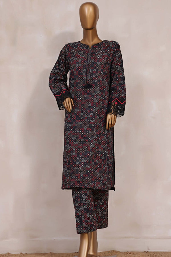 Khaddar Co-ords - Stitched Printed Kurti & Trouser with Embroidered Cutwork on Sleeves - Black