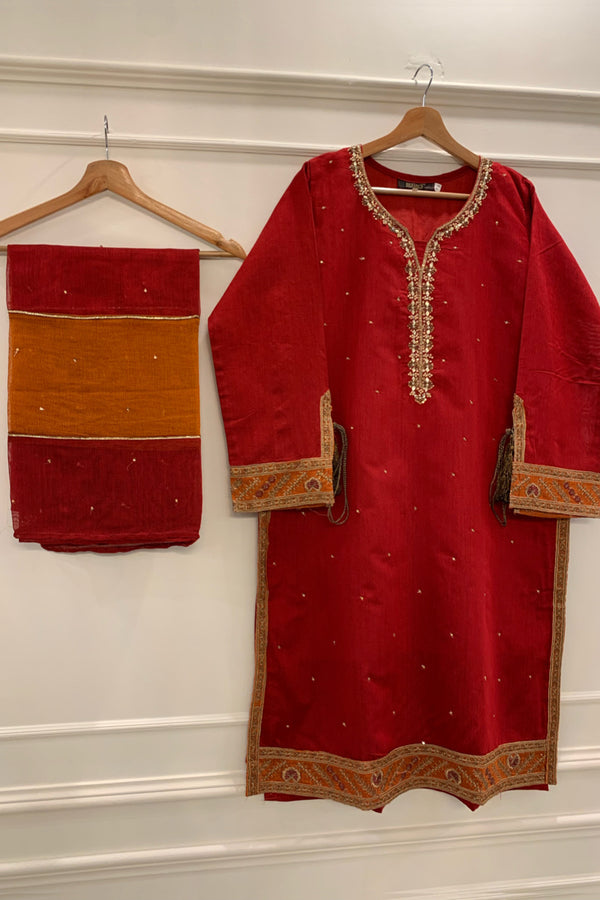 Cotton Net - Stitched Embroidered Kurti & Dupatta with Hand work - Red