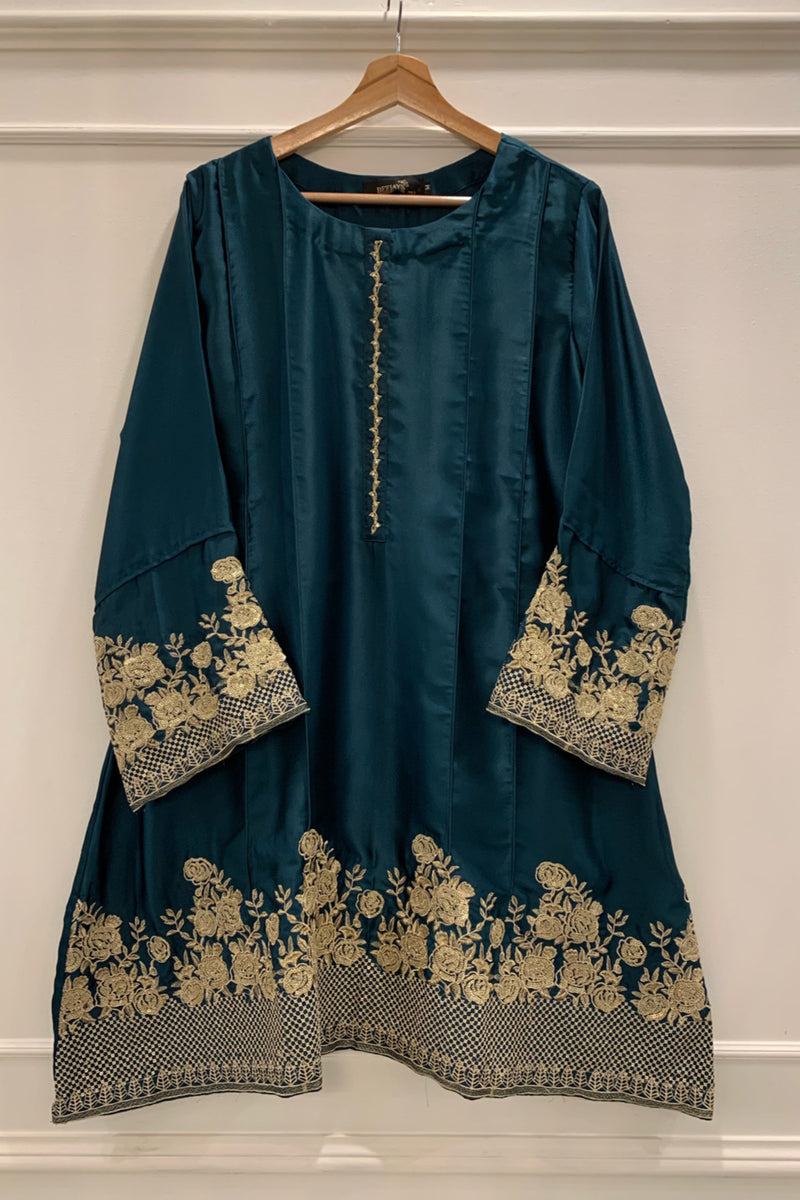 Silk - Stitched Embroidered A-Line style Kurti with Hand work - D.Green