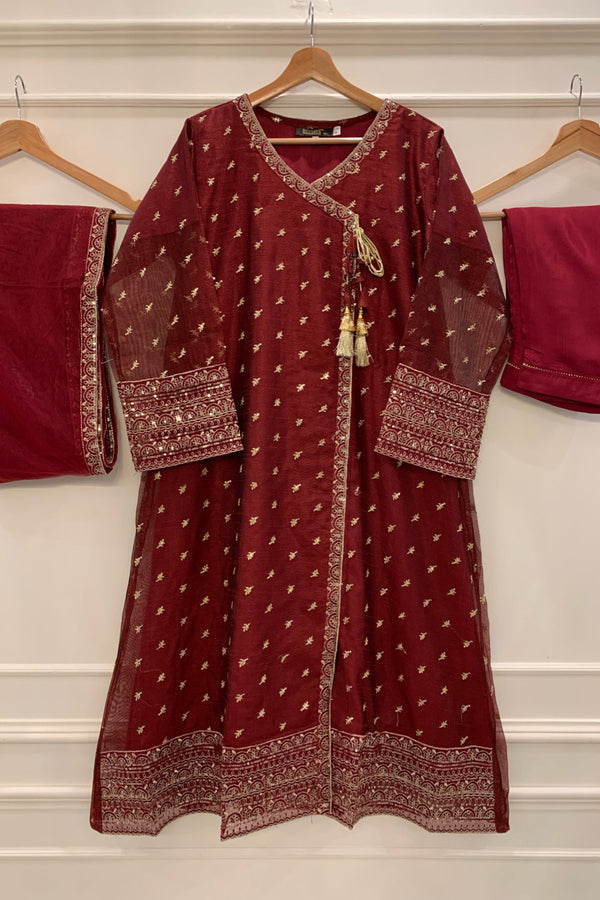 Khaddi Net | Long Angrakha - Stitched Embroidered 3piece with Zari work - Maroon