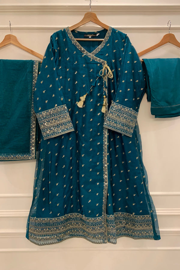 Khaddi Net | Long Angrakha - Stitched Embroidered 3piece with Zari work - Teal Green