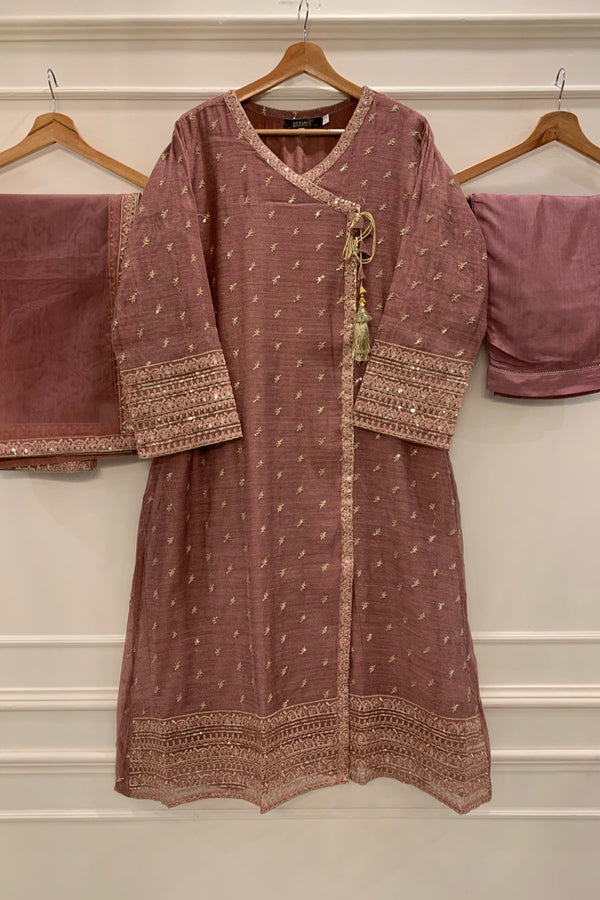 Khaddi Net | Long Angrakha - Stitched Embroidered 3piece with Zari work - T.Pink
