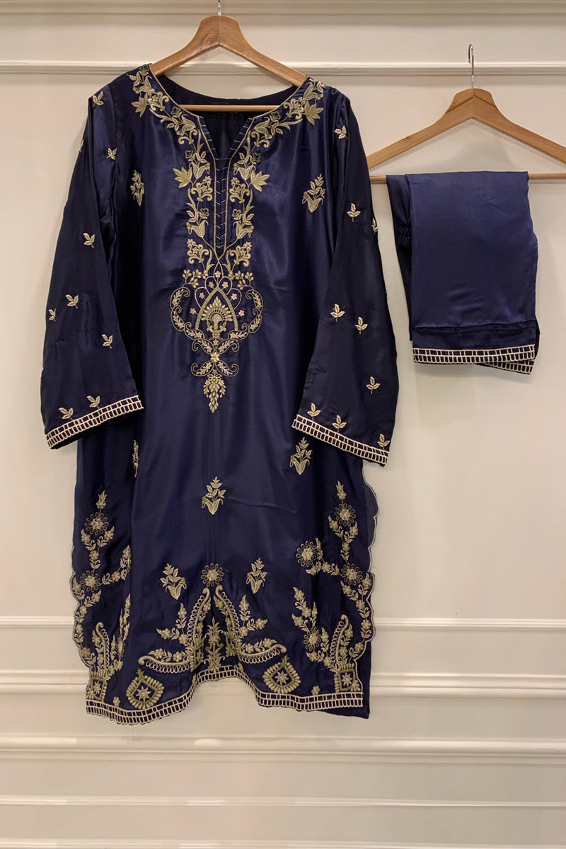 Silk Co-ords - Stitched Embroidered Kurti & Trouser with Lace work - N.Blue