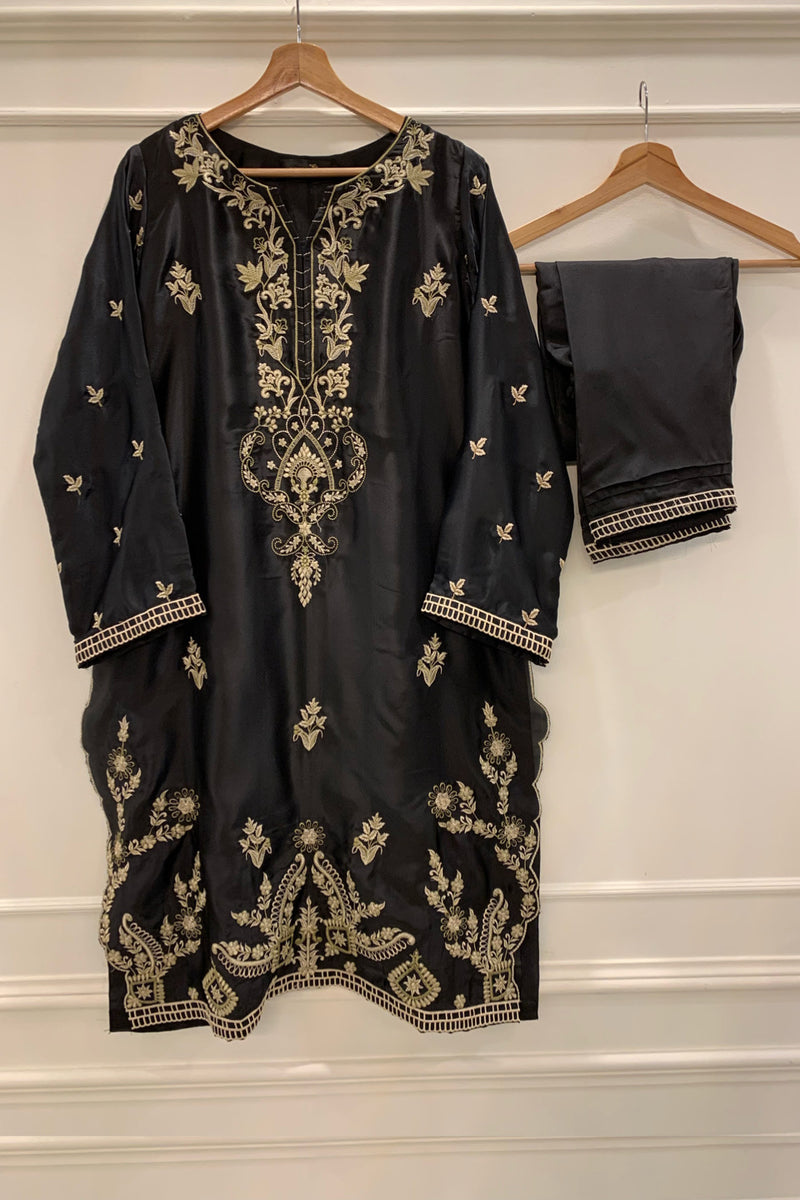 Silk Co-ords - Stitched Embroidered Kurti & Trouser with Lace work - Black