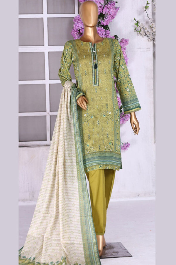 Lawn - Stitched Embroidered 3piece With Lace Work  - P.Green