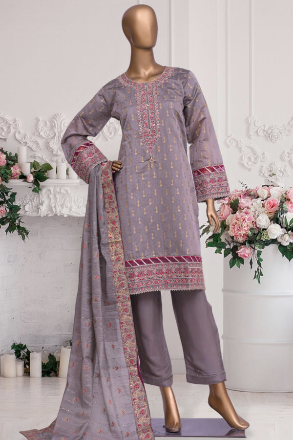 Paper Cotton - Stitched Embroidered & Block printed 3piece with Cotton silk Dupatta - Grey