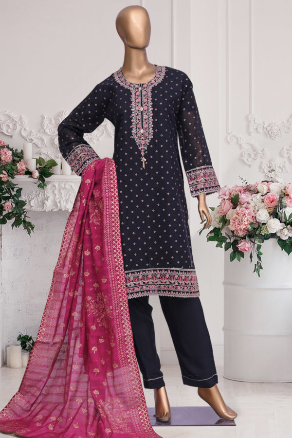 Paper Cotton - Stitched Embroidered & Block printed 3piece with Cotton silk Dupatta - Black