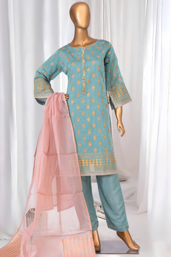 Paper Cotton - Stitched Embroidered & Block Printed 3piece with Hand work - Ferozi