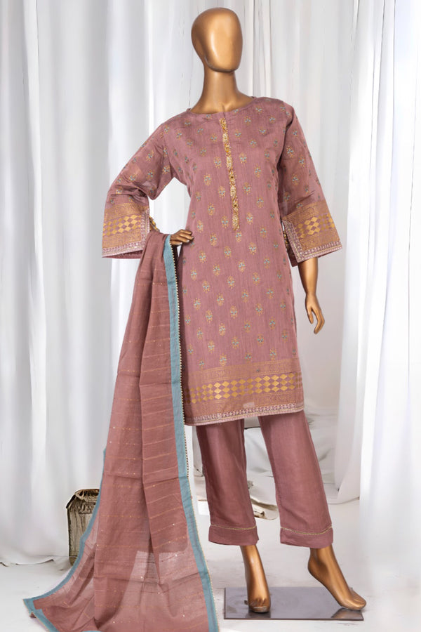 Paper Cotton - Stitched Embroidered & Block printed 3piece with Hand work - T.pink
