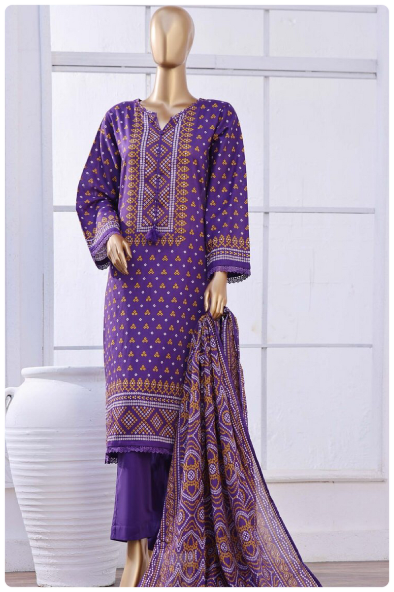 Lawn - Stitched Printed 3piece with Lace work - Purple