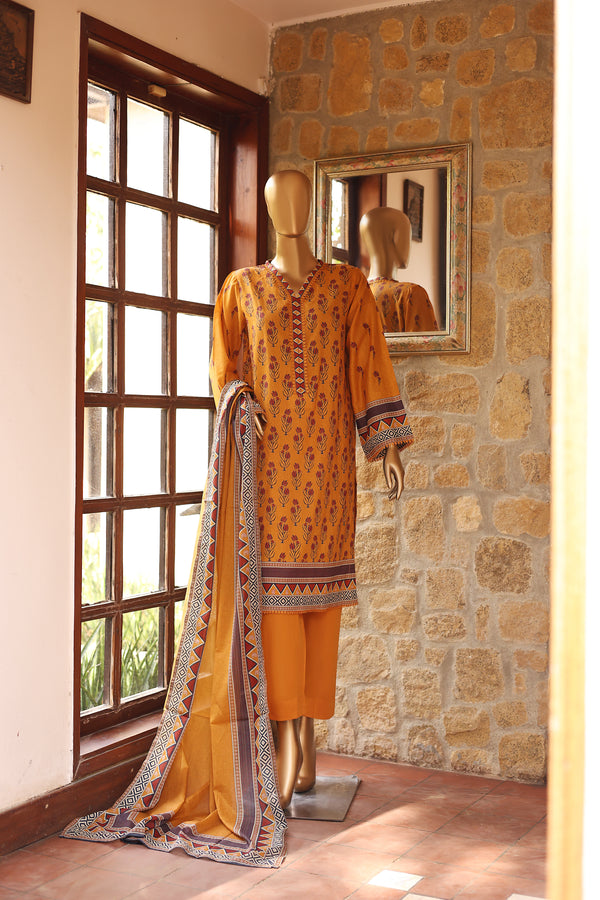 Lawn - Stitched Printed 3piece with Lace work - Mustard