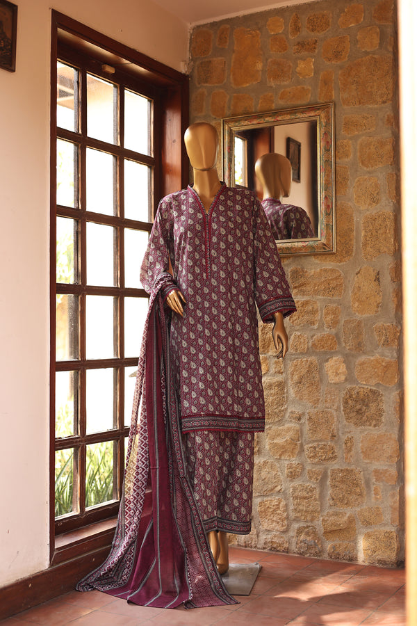 Lawn - Stitched Printed 3piece with Lace work - Purple