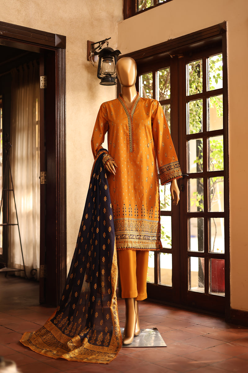 Lawn - Stitched Printed 3piece with Lace work - Yellow