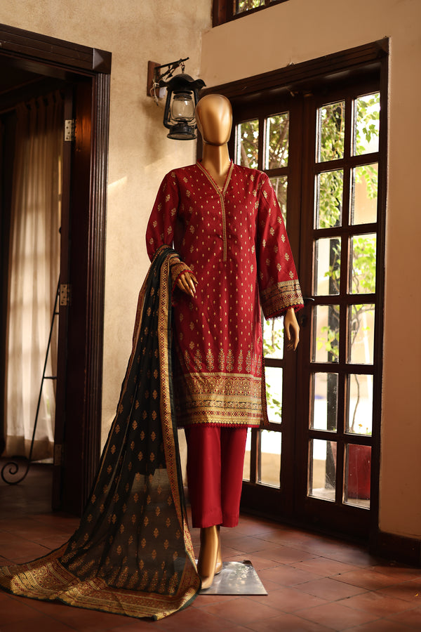 Lawn - Stitched Printed 3piece with Lace work - Maroon