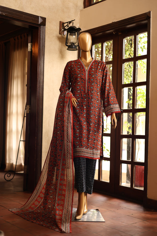 Lawn - Stitched Printed 3piece with Lace work - Rust
