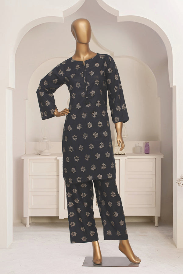 Cotton Co-ords - Stitched Printed Kurti & Trouser with Lace work - Black