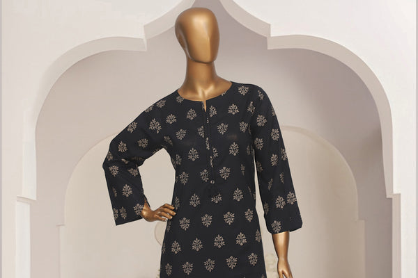 Cotton Co-ords - Stitched Printed Kurti & Trouser with Lace work - Black