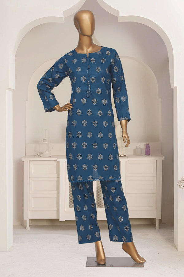 Cotton Co-ords - Stitched Printed Kurti & Trouser with Lace work - Teal