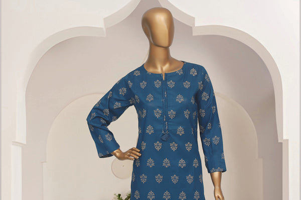 Cotton Co-ords - Stitched Printed Kurti & Trouser with Lace work - Teal