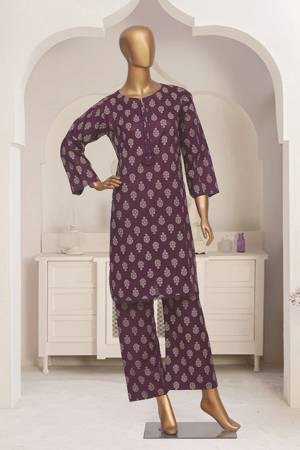 Cotton Co-ords - Stitched Printed Kurti & Trouser with Lace work - Purple