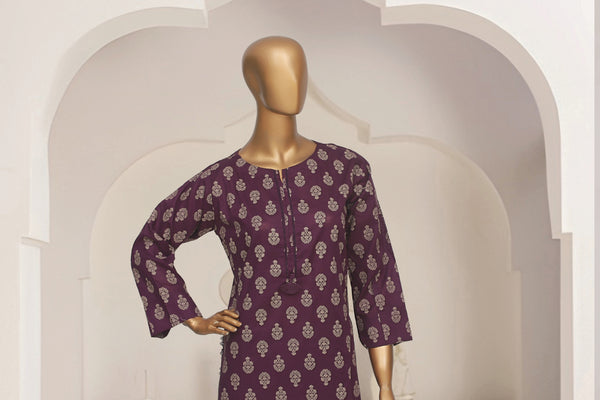 Cotton Co-ords - Stitched Printed Kurti & Trouser with Lace work - Purple