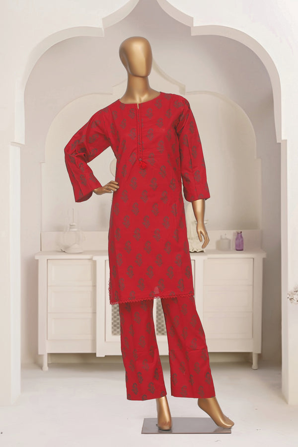 Cotton Co-ords - Stitched Printed Kurti & Trouser with Lace work - Red