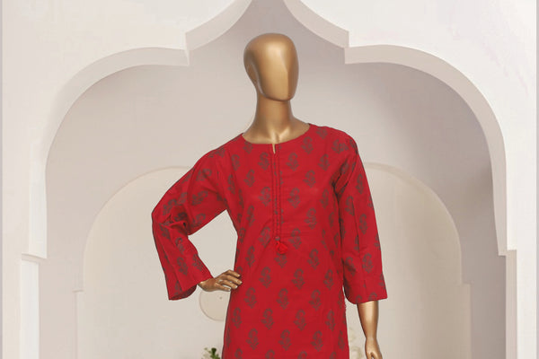 Cotton Co-ords - Stitched Printed Kurti & Trouser with Lace work - Red