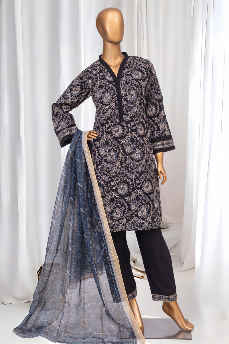 Festive Lawn - Stitched Embroidered 3piece with Printed Monar Dupatta - Black