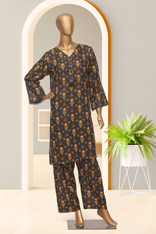 Cotton Co-ords - Stitched Printed Kurti & Trouser with Lace work - Black