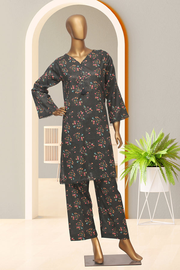 Cotton Co-ords - Stitched Printed Kurti & Trouser with Lace work - Grey