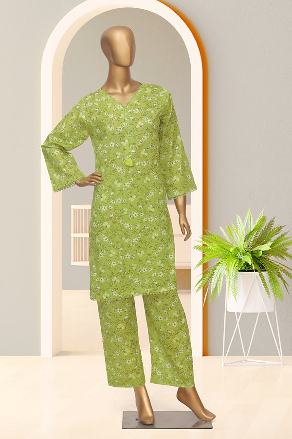 Cotton Co-ords - Stitched Printed Kurti & Trouser with Lace work - Green