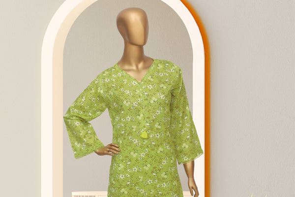 Cotton Co-ords - Stitched Printed Kurti & Trouser with Lace work - Green