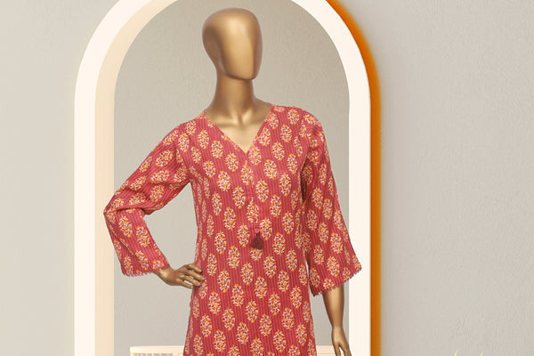 Cotton Co-ords - Stitched Printed Kurti & Trouser with Lace work - Reddish Maroon