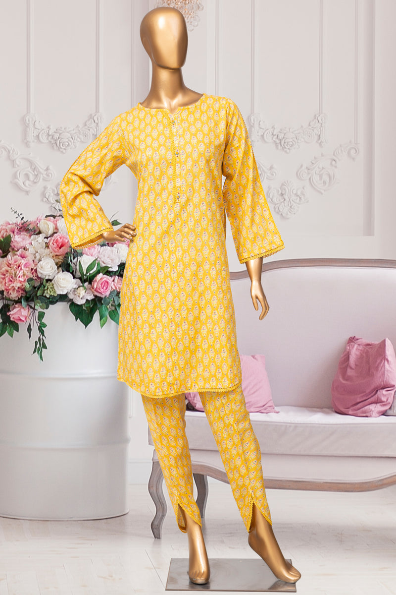 Cotton/Cambric Co-ords - Stitched Printed Kurti & Tulip pant with Lace work - Yellow