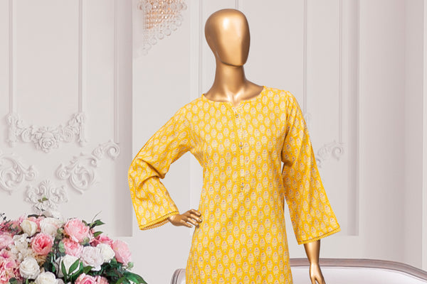 Cotton/Cambric Co-ords - Stitched Printed Kurti & Tulip pant with Lace work - Yellow