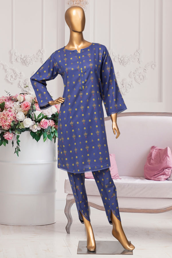 Cotton/Cambric Co-ords - Stitched Printed Kurti & Tulip pant with Lace work - Blue