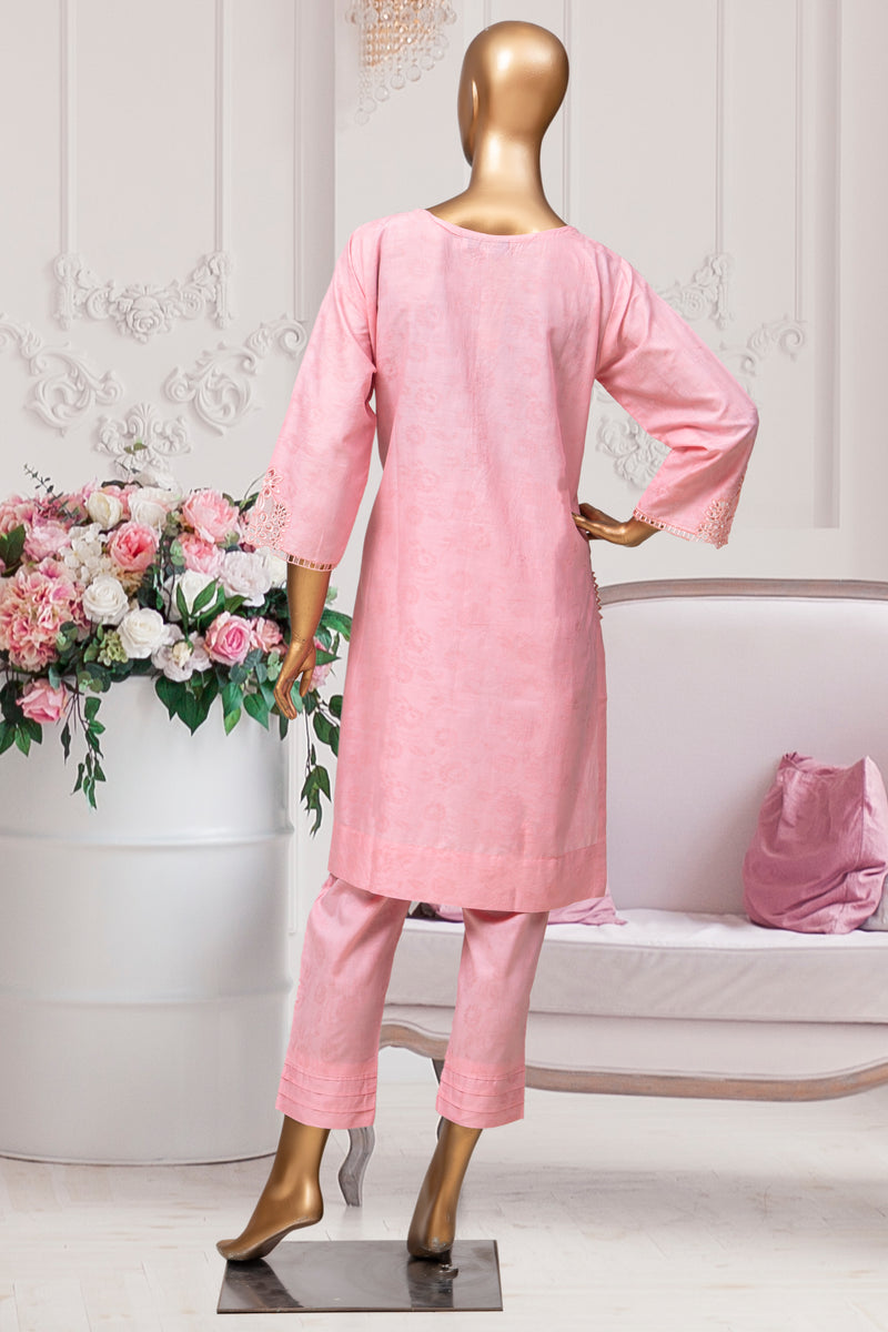 Self Print Cotton/Cambric Co-ords - Stitched Kurti & Trouser with Embroidered Cut work &  Lace work - Pink