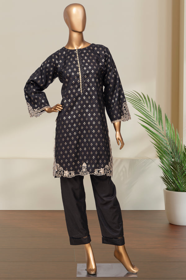 Cotton Jacqaurd Co-ords - Stitched Kurti & Trouser with Embroidered Cut work &  Lace work - Black