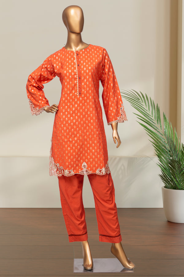 Cotton Jacqaurd Co-ords - Stitched Kurti & Trouser with Embroidered Cut work &  Lace work - Rust