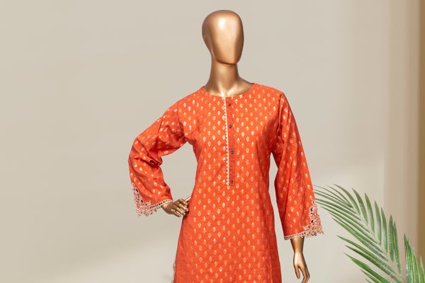 Cotton Jacqaurd Co-ords - Stitched Kurti & Trouser with Embroidered Cut work &  Lace work - Rust