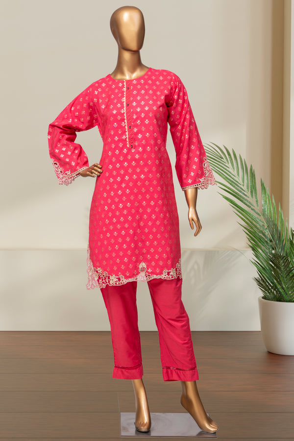 Cotton Jacqaurd Co-ords - Stitched Kurti & Trouser with Embroidered Cut work &  Lace work - Fuchsia