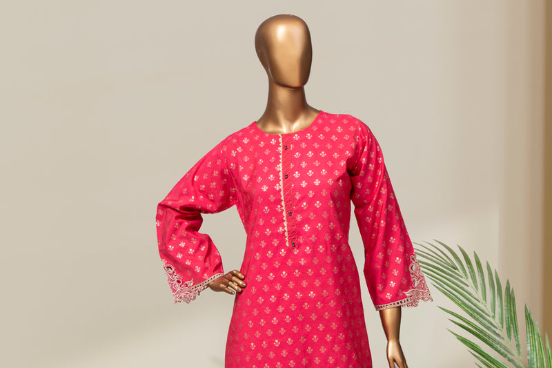 Cotton Jacqaurd Co-ords - Stitched Kurti & Trouser with Embroidered Cut work &  Lace work - Fuchsia