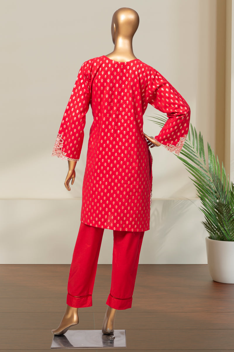 Cotton Jacqaurd Co-ords - Stitched Kurti & Trouser with Embroidered Cut work &  Lace work - Red