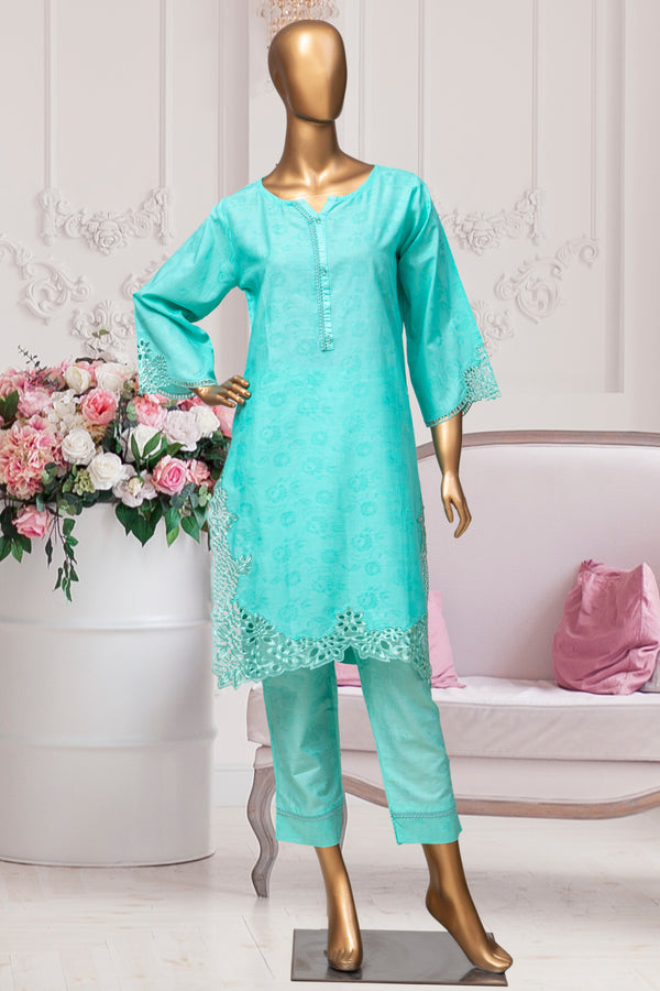 Self Print Cotton/Cambric Co-ords - Stitched Kurti & Trouser with Embroidered Cut work &  Lace work - Ferozi