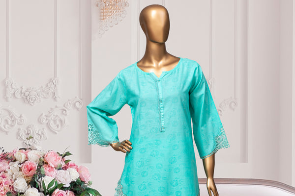 Self Print Cotton/Cambric Co-ords - Stitched Kurti & Trouser with Embroidered Cut work &  Lace work - Ferozi