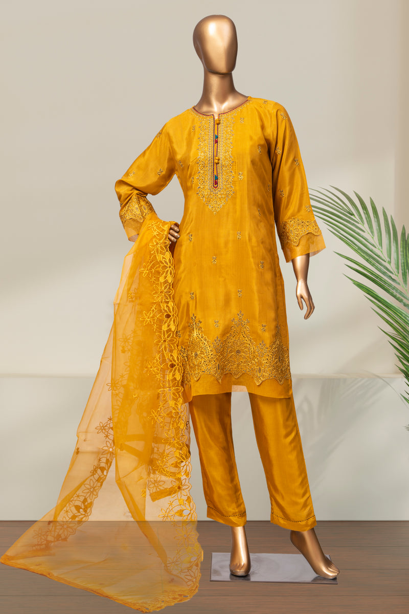 Raw Silk - Stitched Formal 3piece with Embroidered - Mustard