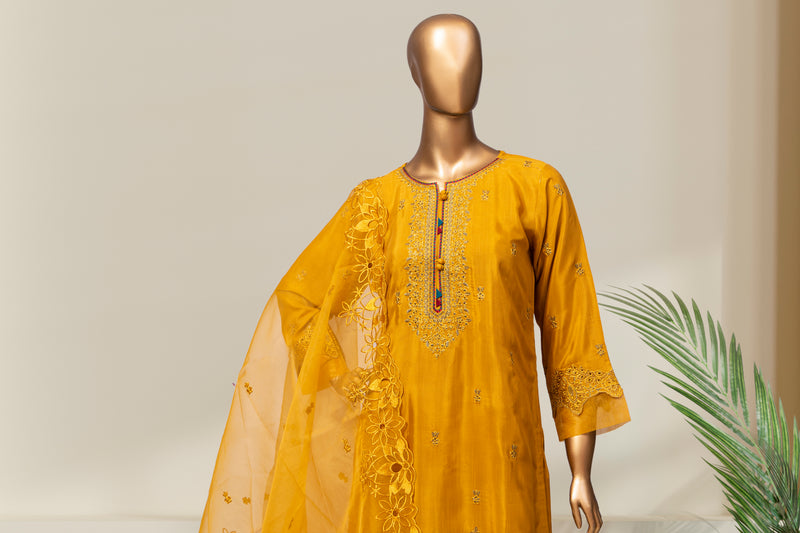 Raw Silk - Stitched Formal 3piece with Embroidered - Mustard