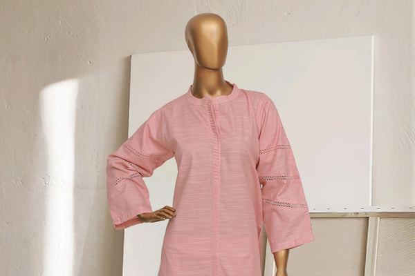 Khaddar Solid Co-ords - Stitched kurti & trouser with Pintex & Lace work - Pink