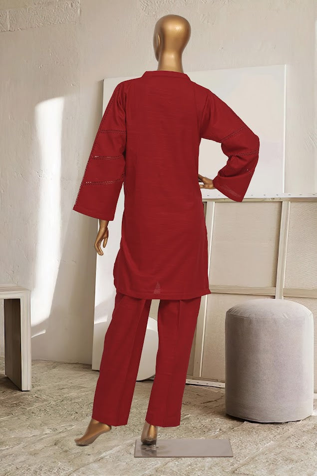 Khaddar Solid Co-ords - Stitched kurti & trouser with Pintex & Lace work - Red