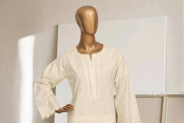 Khaddar Chikan-kari Co-ords - Stitched Kurti & Trouser with schiffli work - Cream